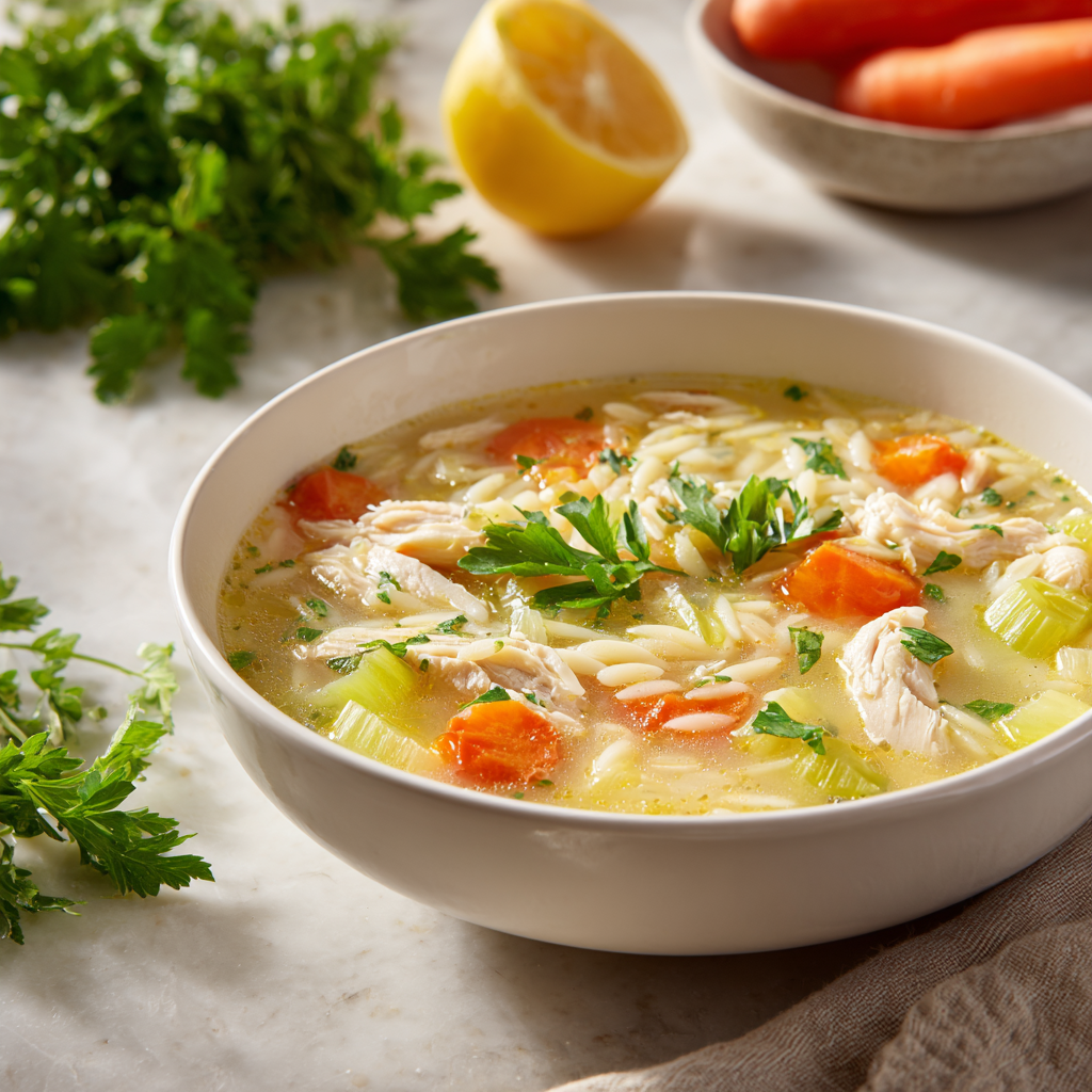 u3929625643 Bright lemon chicken orzo soup in white bowl tend 746d6b1c 1feb 4f96 a2fb 82232b4b4250 0