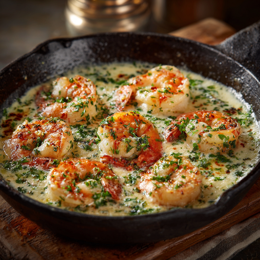 u3929625643 Close up of creamy garlic shrimp in skillet with 3d90ac97 5705 4eeb ba25 250fc030e651 0