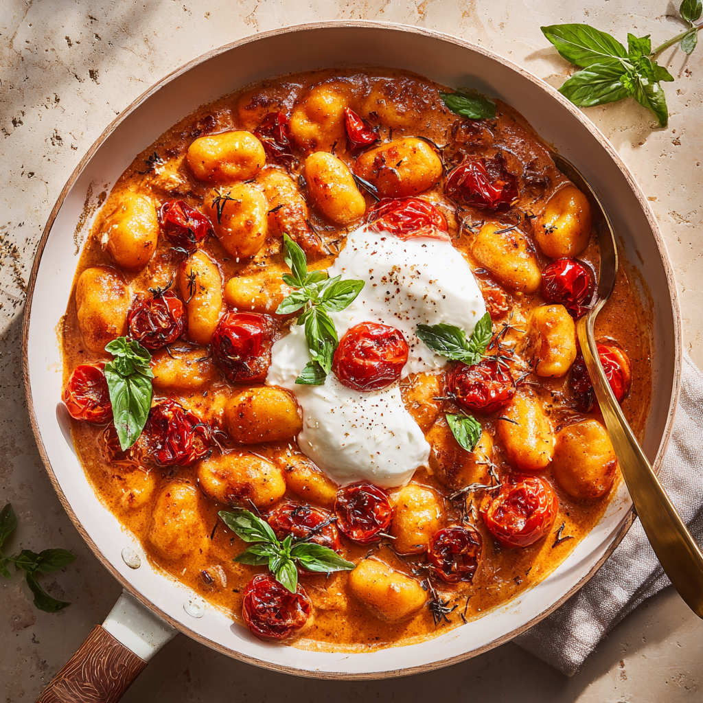30 Minute Creamy Tomato Gnocchi with Burrata 1 u3929625643 Creamy tomato gnocchi in white skillet topped wit 868fc970 9f84 4d95 9279 7245be6dcd63 2